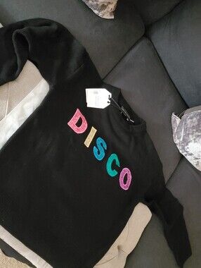 English Factory Black Crewneck Sweater with Multicolor 'DISCO' Embroidery